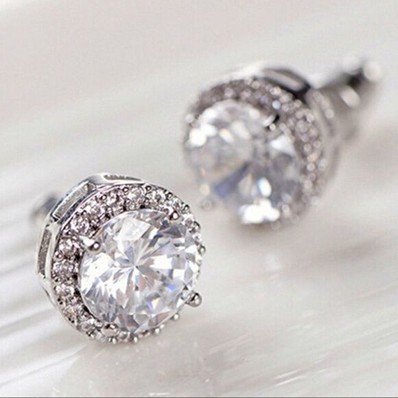 18k White Gold PLATED CZ Diamond Earrings - Picture 2 of 5